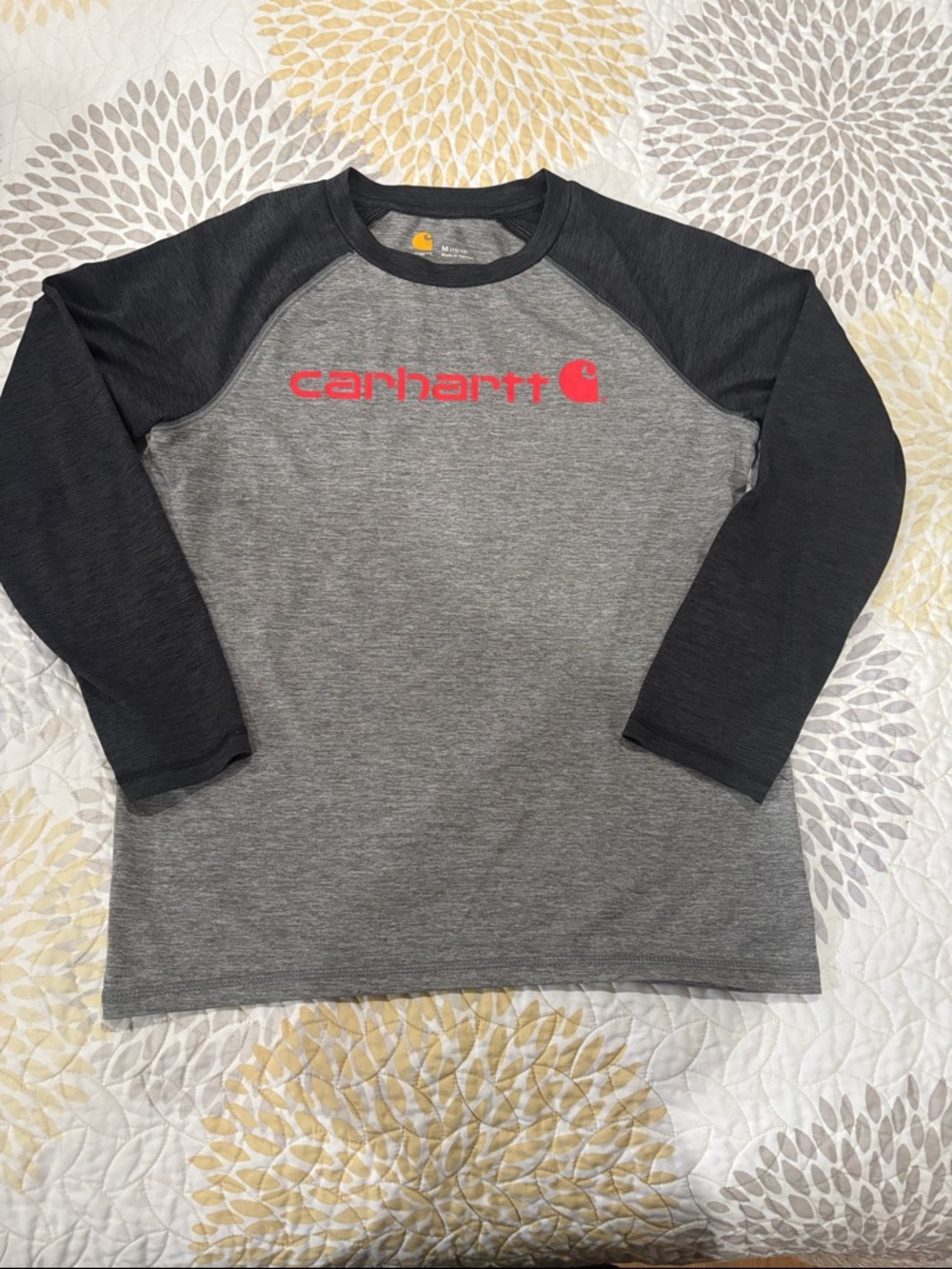Carhartt Heather Gray Body with Black Raglan Sleeves and Red Logo Long Sleeve